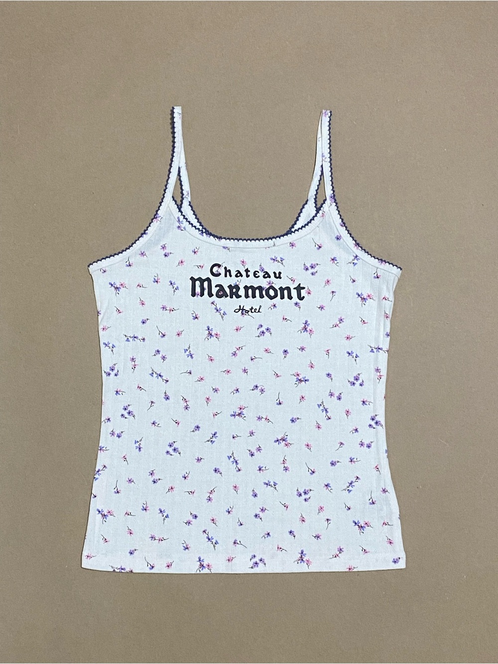 Chateau Marmont Floral Ribbed Camisole - White with Purple & Pink